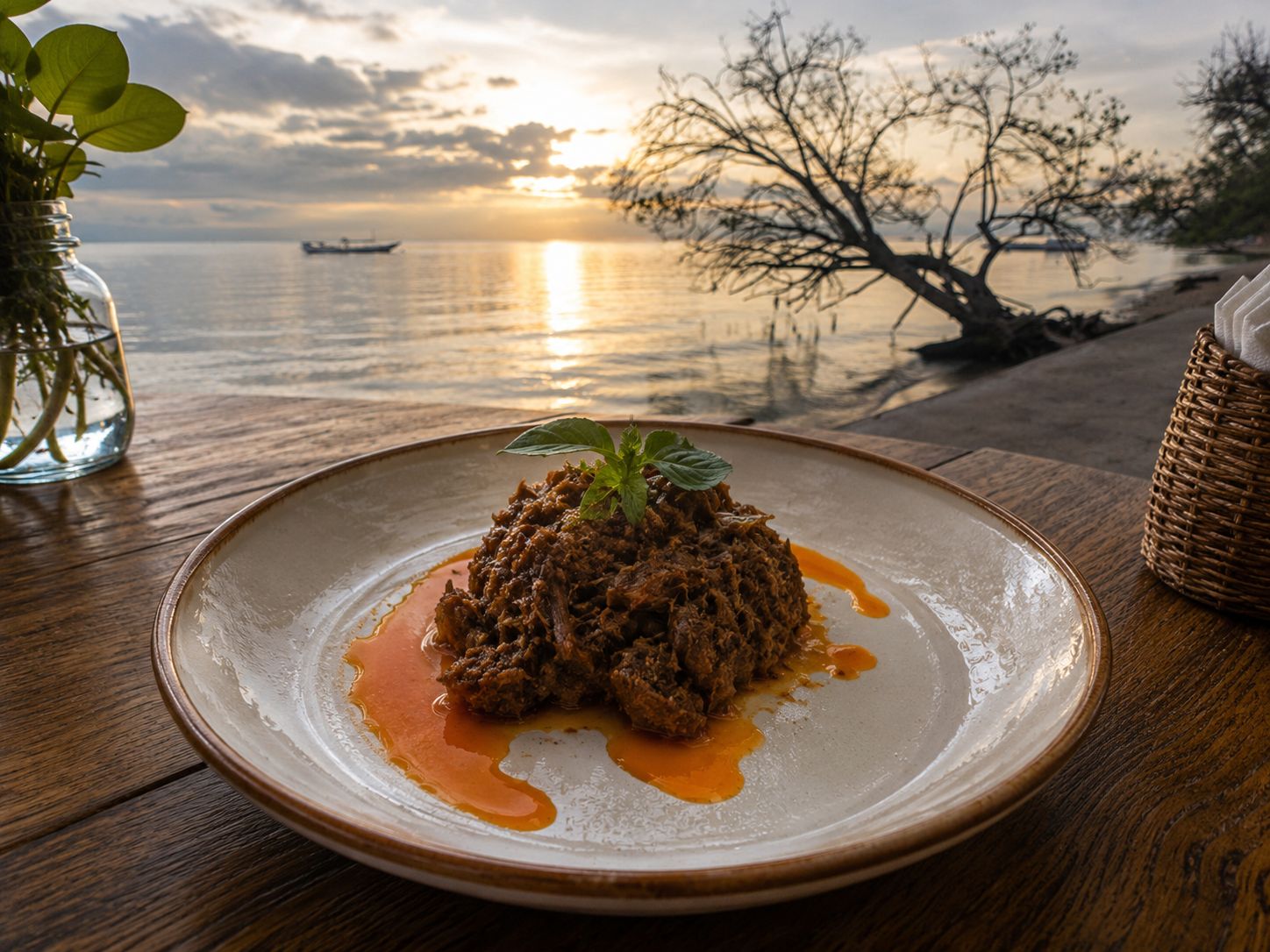 A plate of food with a sauce, a glass jar with greenery, and a view of a sunset over water.