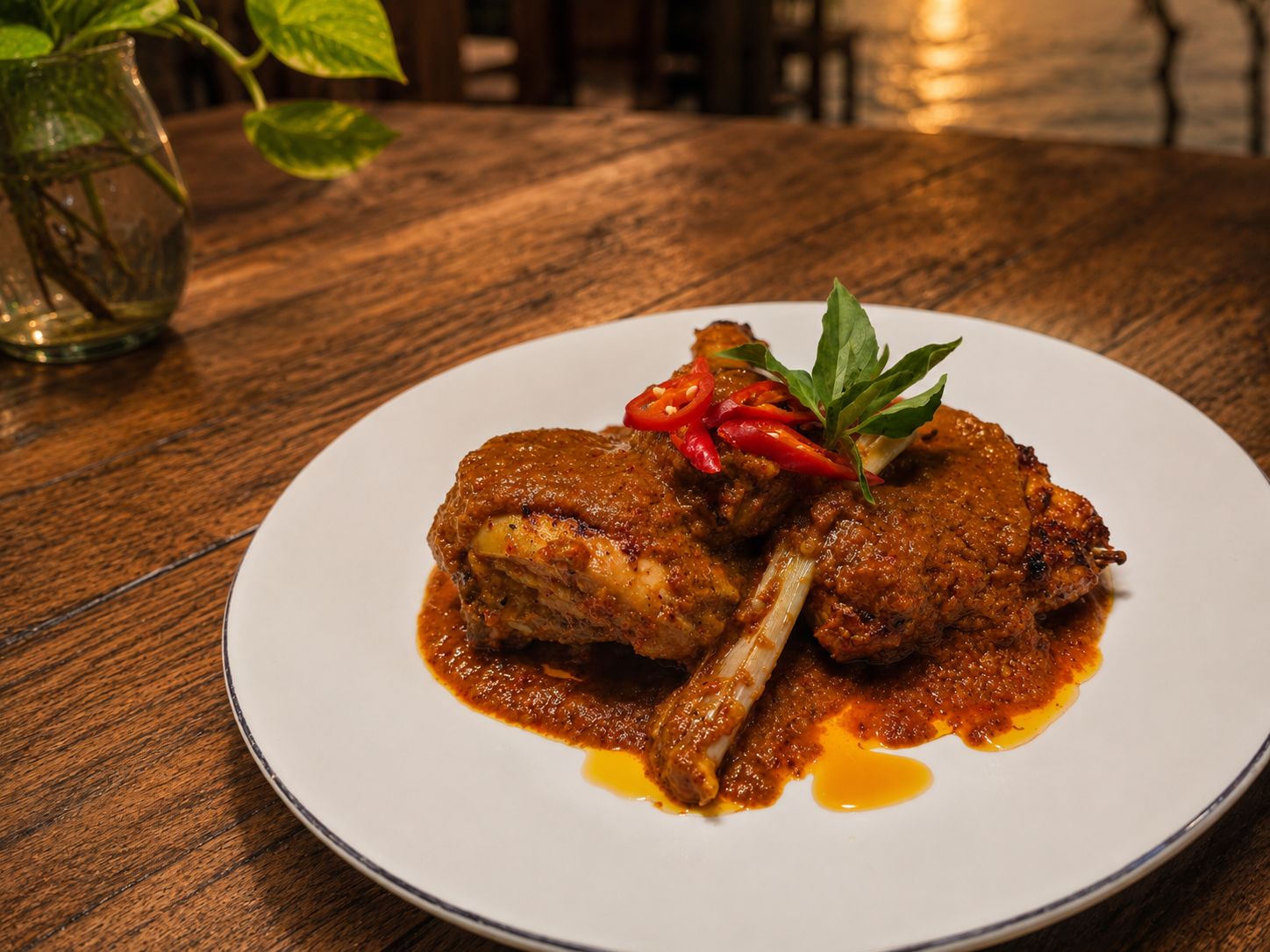 A plate of food with a sauce, garnished with red chili and green leaves, on a wooden table.