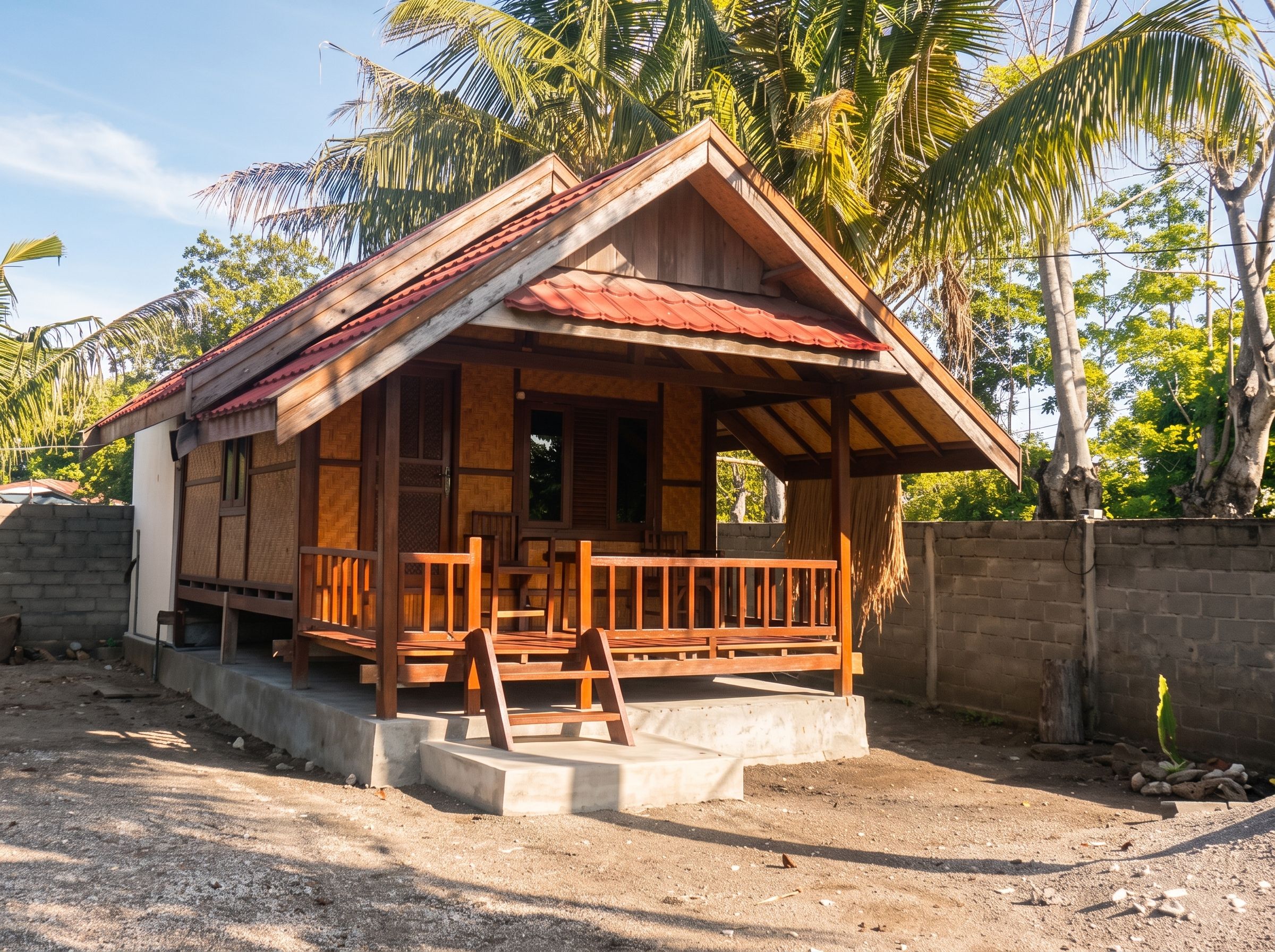 A wooden house with a porch and a thatched roof.