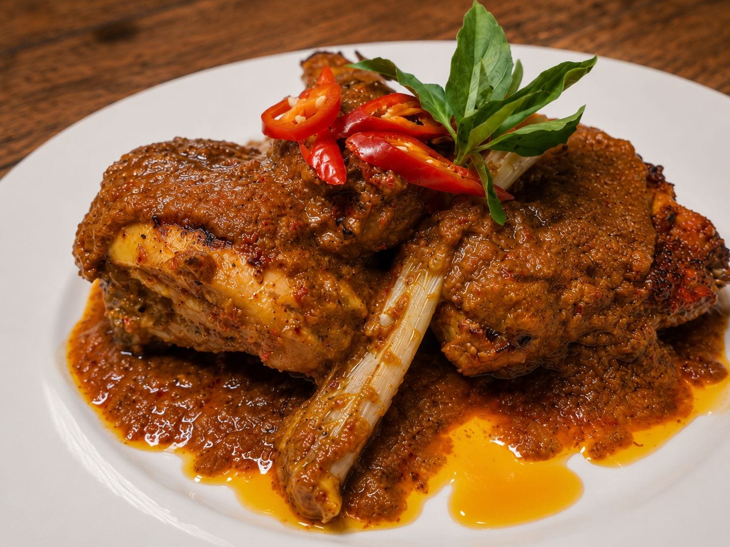 A plate of chicken with a rich, spicy sauce and garnished with red chili slices and green leaves.