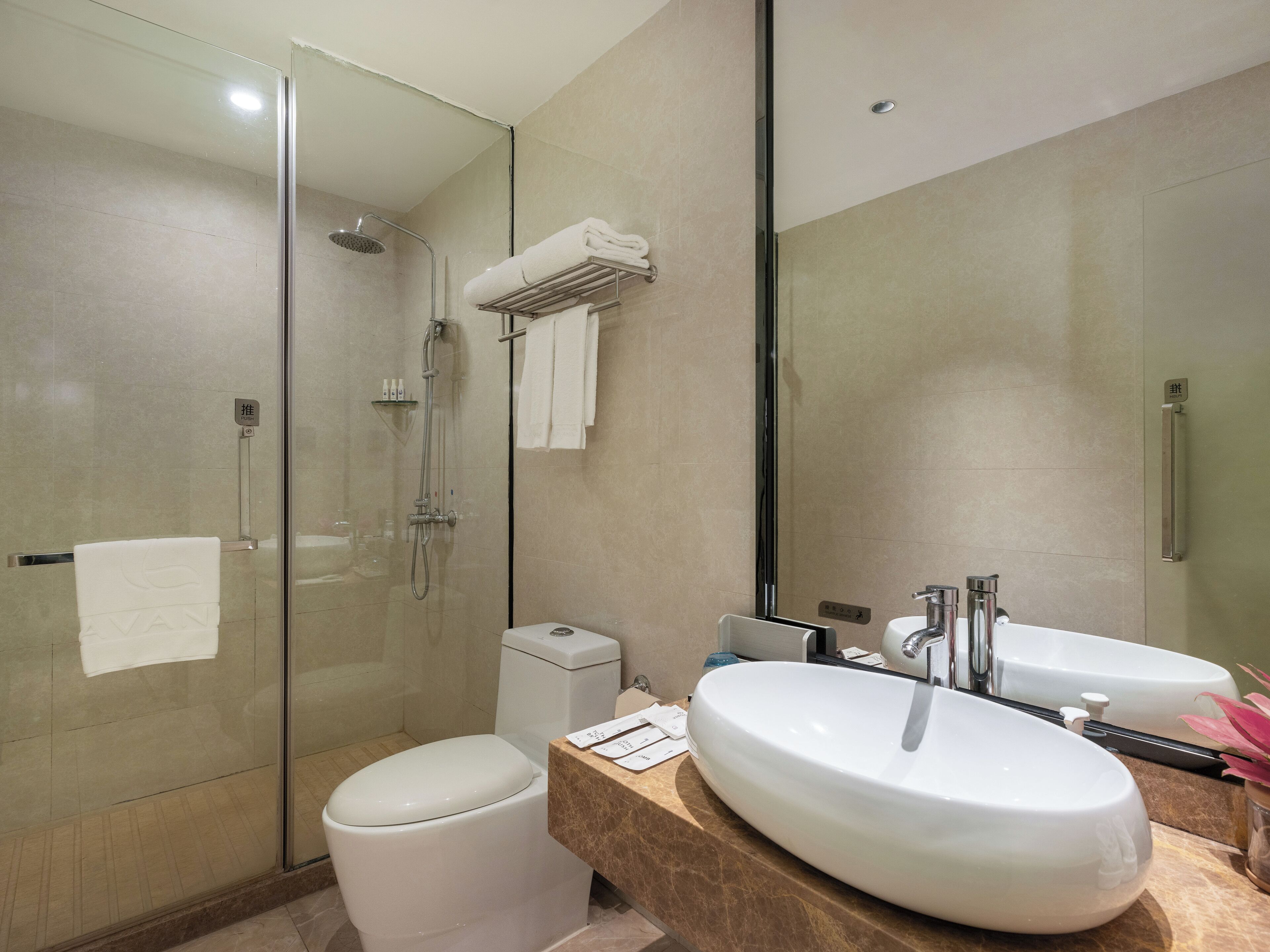 A modern bathroom with a glass-enclosed shower, a white toilet, and a large oval sink with a mirror above it.