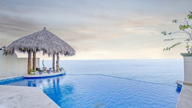 Una piscina infinita con una sombrilla de paja y plantas en macetas, con vistas al mar.