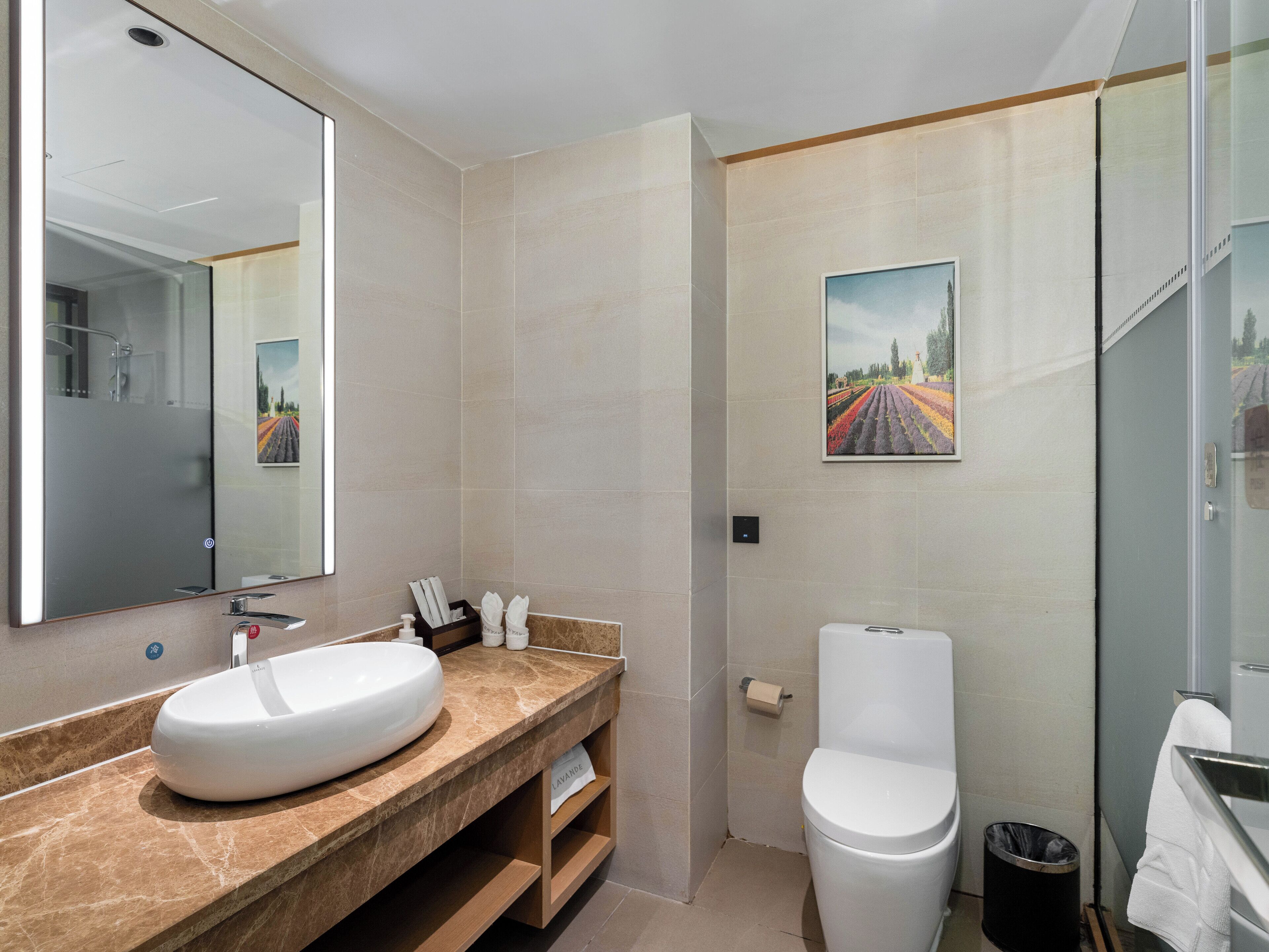 A modern bathroom with a large mirror, a white sink, a toilet, and a shower area.