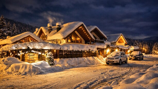A cozy log cabin-style hotel with snow-covered roofs and a lit entrance. - Abant Cozy Homes (Bolu)