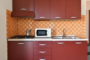 Fridge, microwave, stovetop, coffee/tea maker