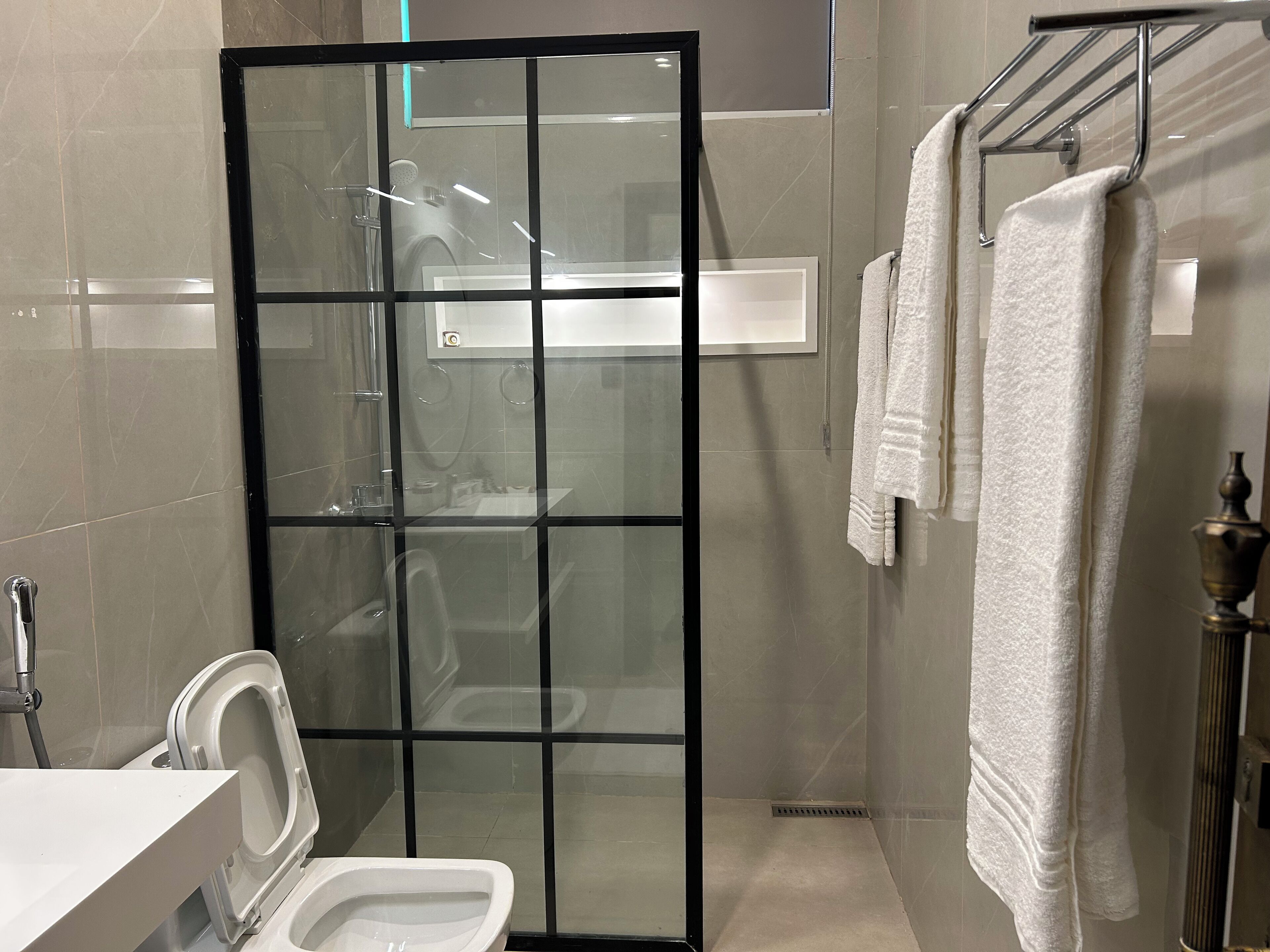 A modern bathroom with a glass shower enclosure, a toilet, and a towel rack.