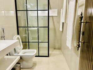 A modern bathroom with a glass shower enclosure, a toilet, and a sink.
