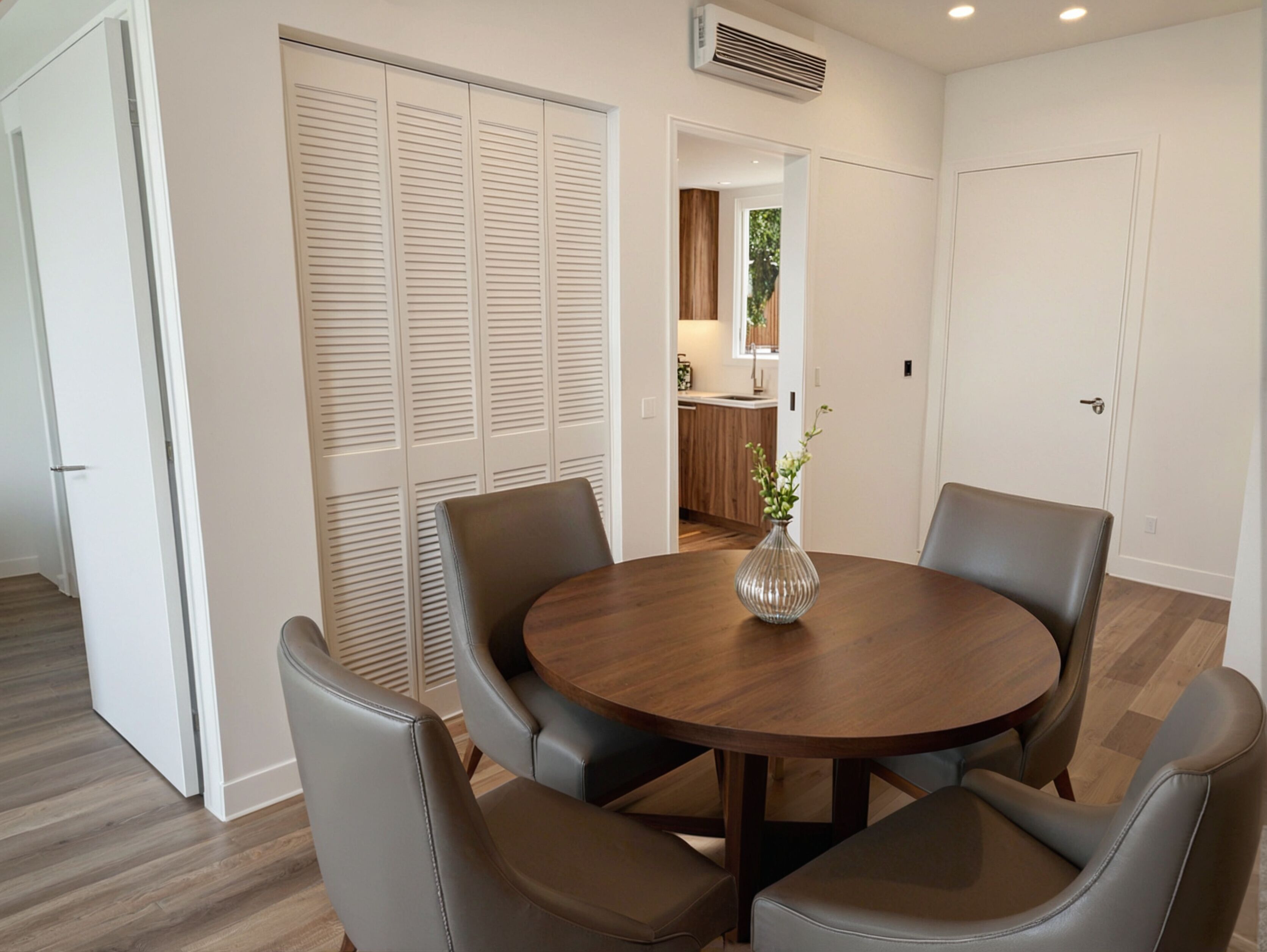 A dining area with a round wooden table and four grey chairs. There is a vase with flowers on the table.