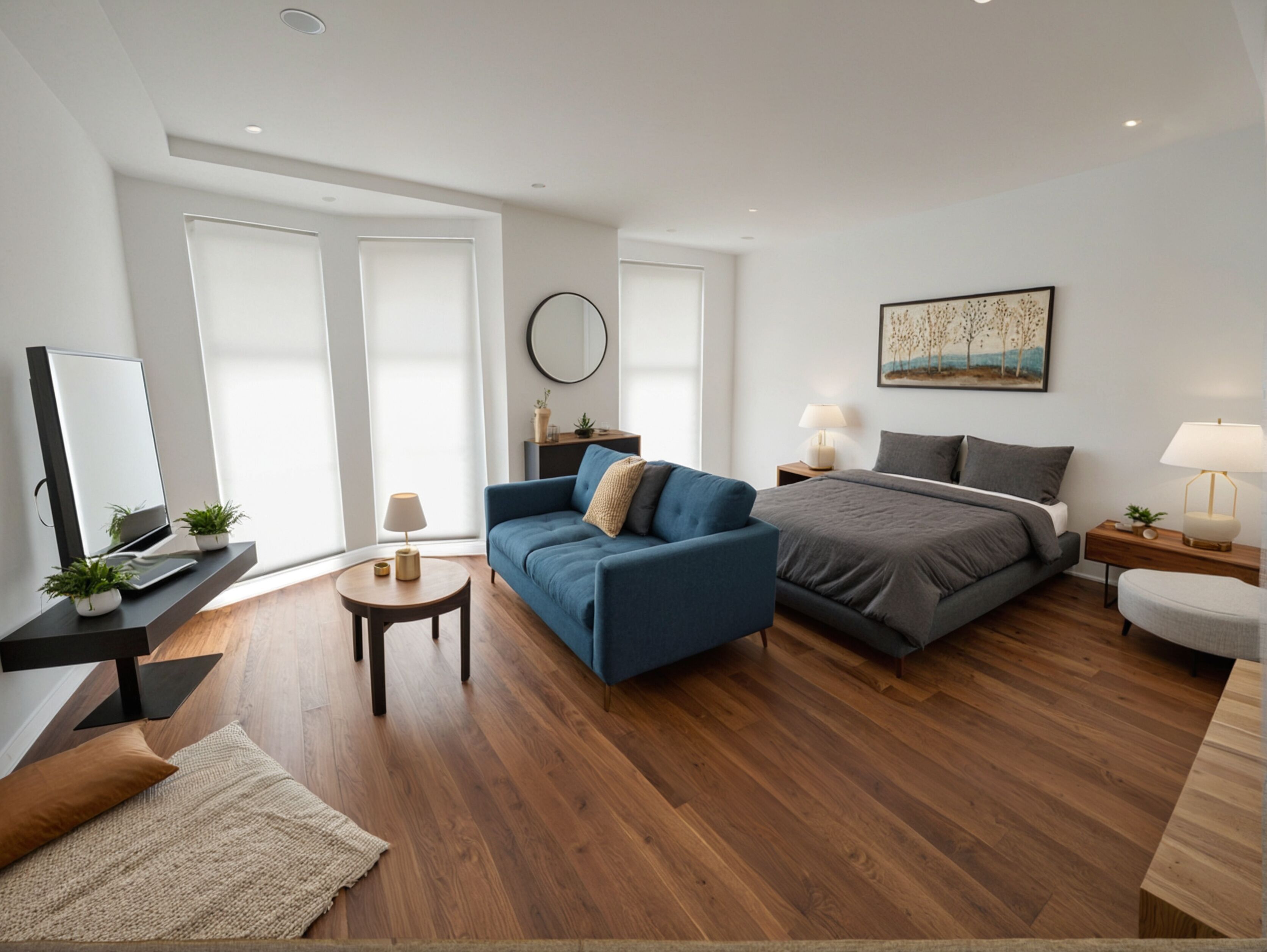 Una habitación de hotel moderna con una cama, un sofá, un televisor y una mesita.