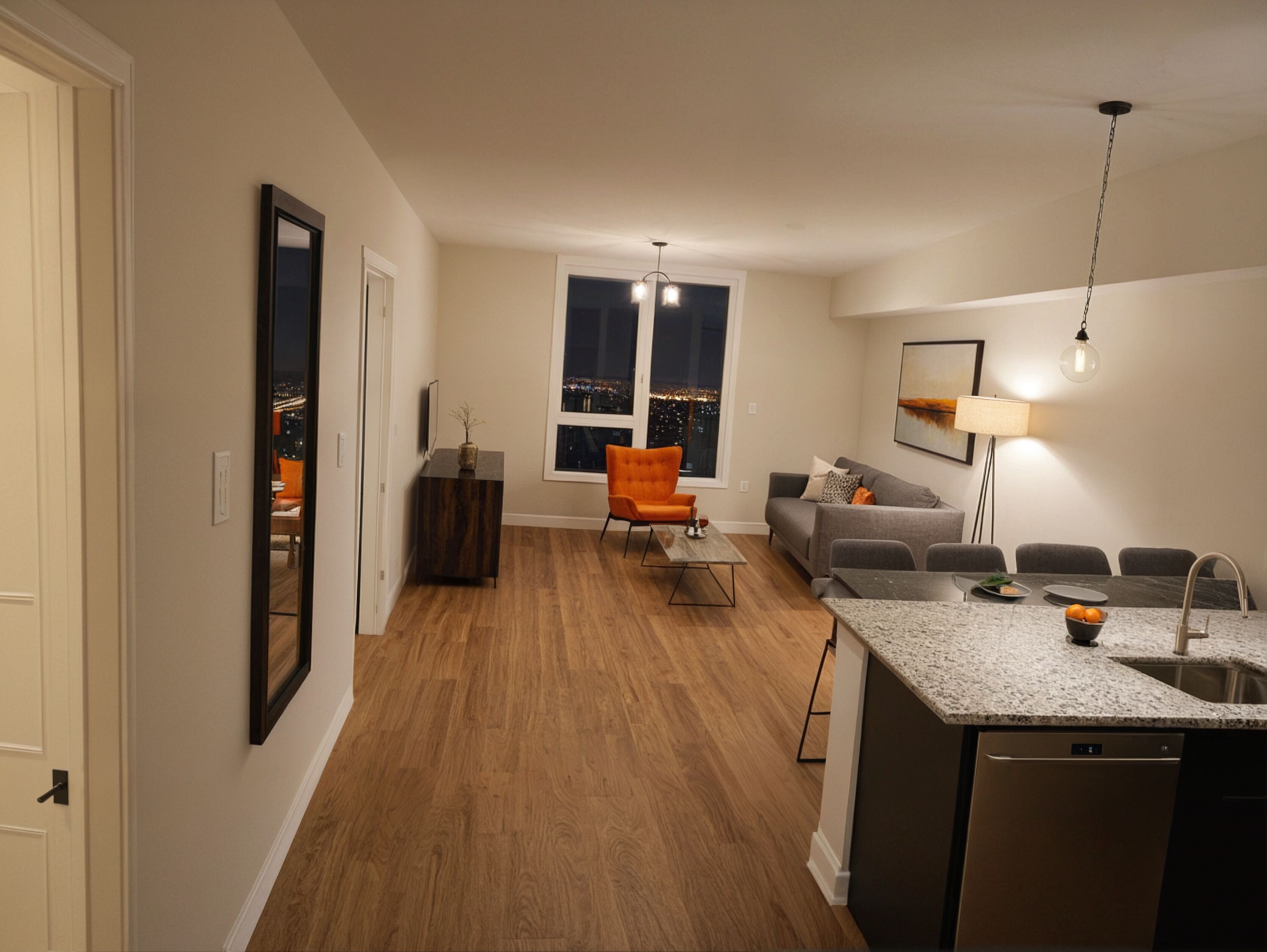 A modern living room with a wooden floor, a grey sofa, an orange armchair, and a dining area with a kitchen counter.