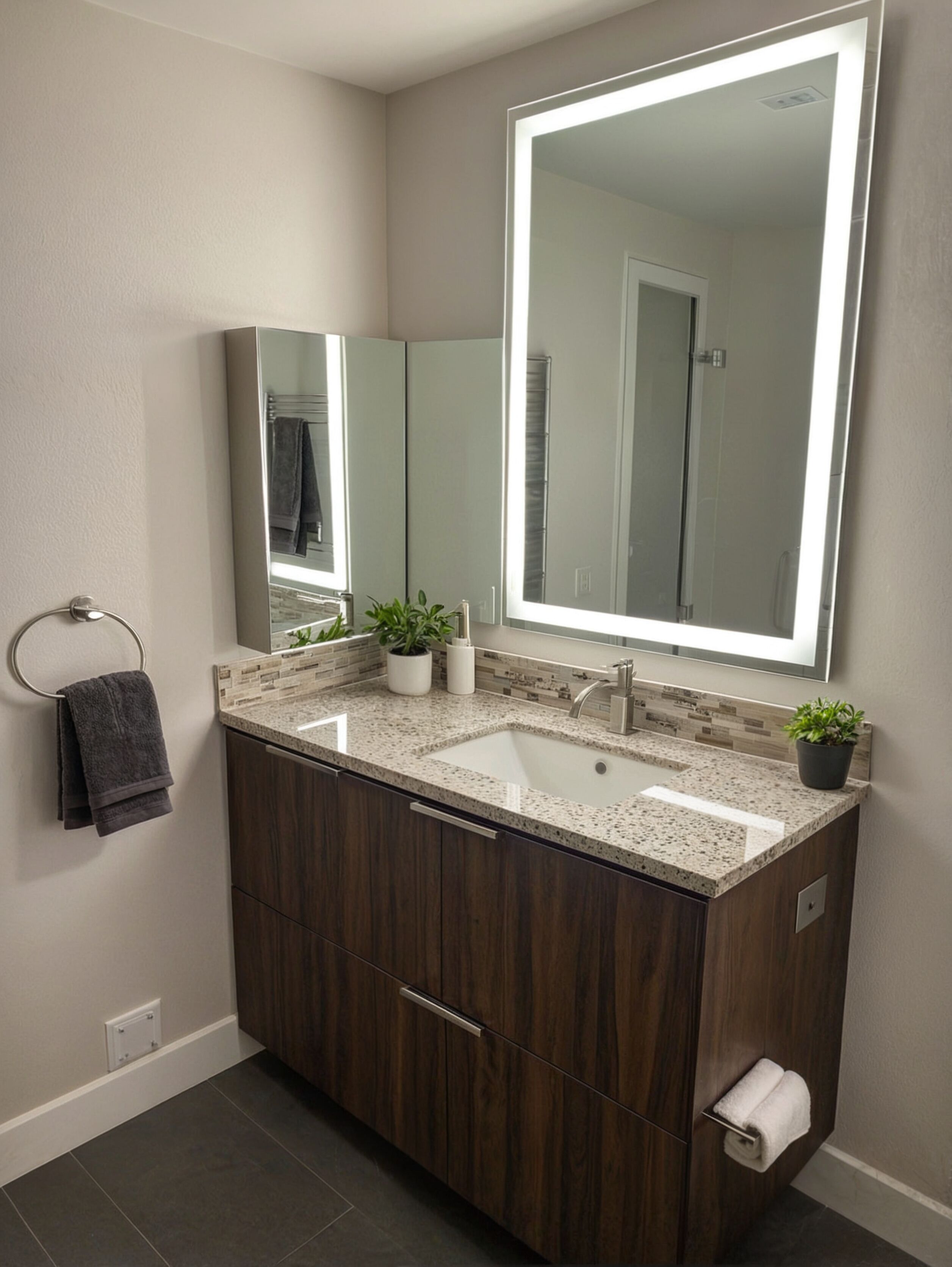 A modern bathroom with a large mirror, two sinks, and dark wood cabinets.