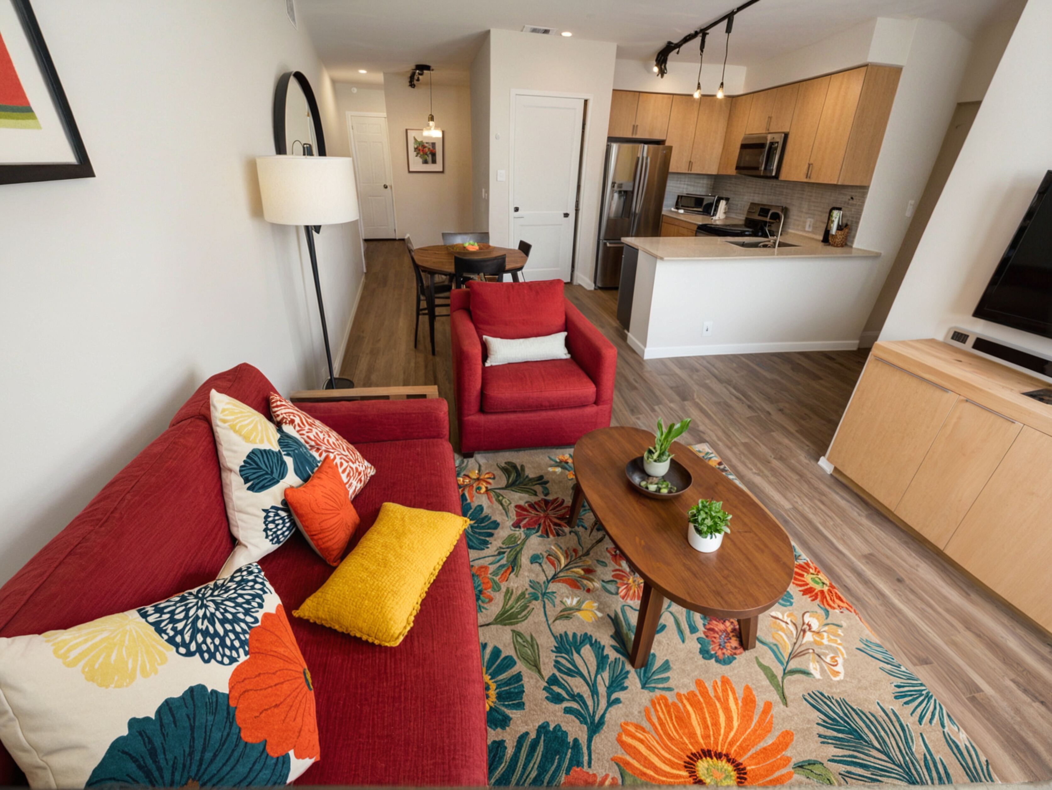 A modern living room with a red sofa, a small coffee table, and a floral rug. A kitchen with wooden cabinets and a dining area with a table and chairs is visible in the background.