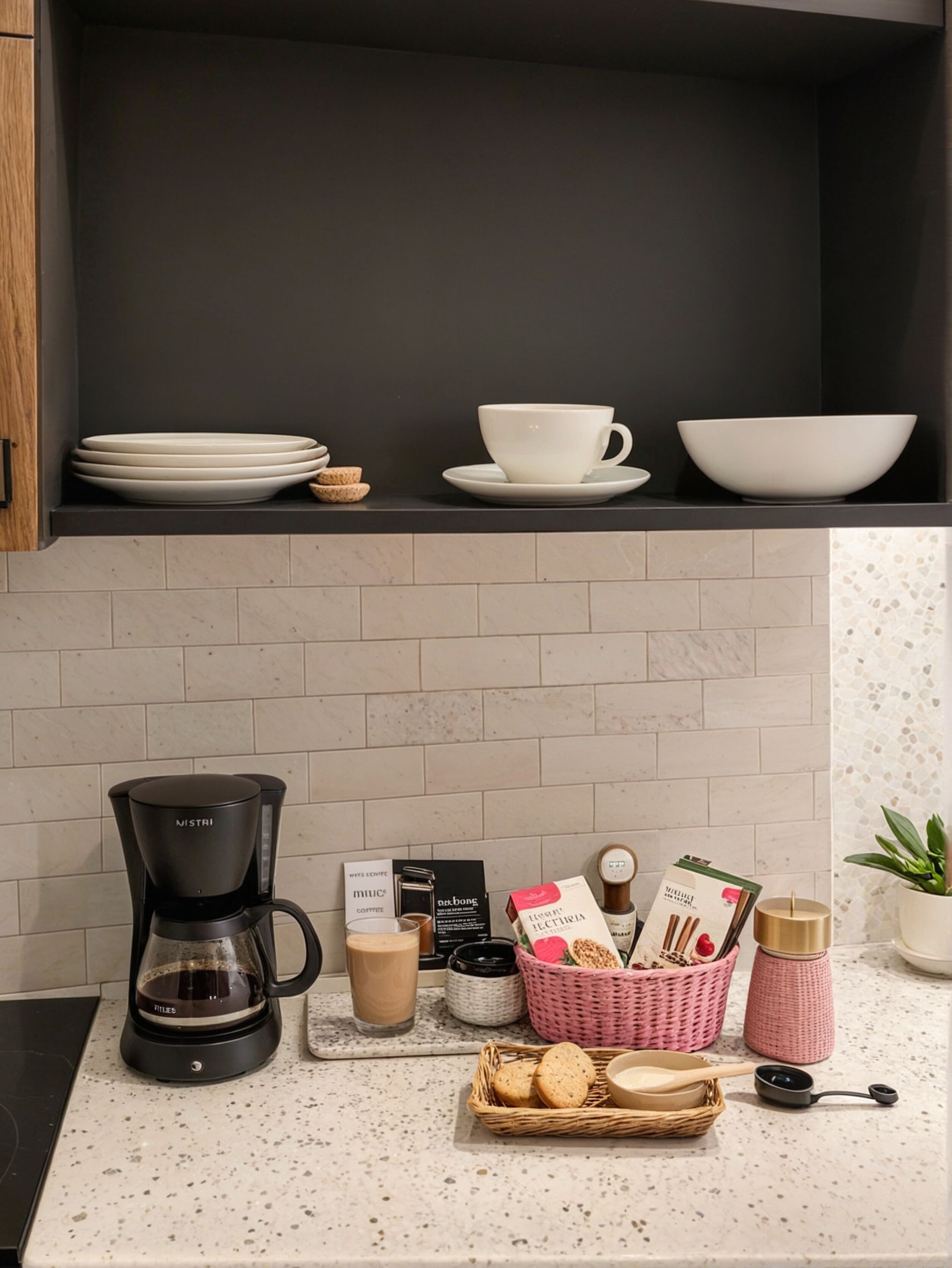 A kitchen with a coffee maker, plates, cups, and a basket of cookies.