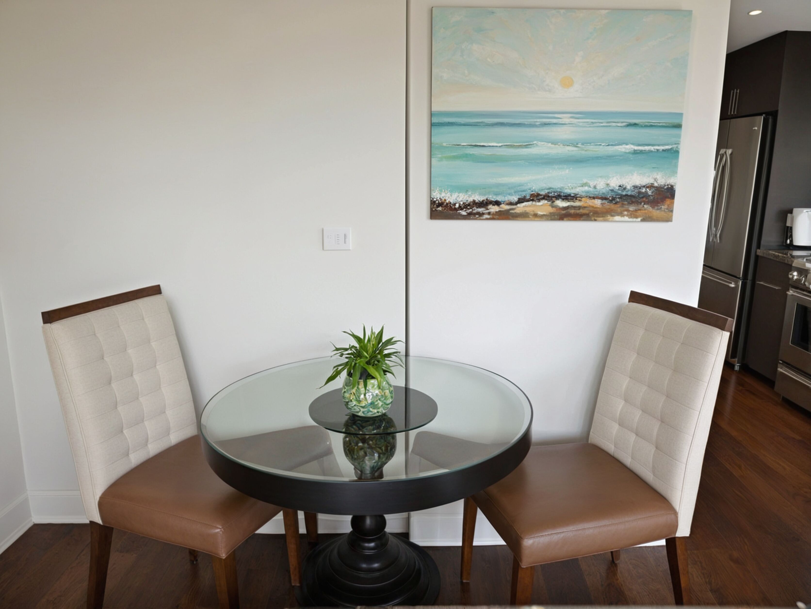 Un comedor con una mesa de vidrio y dos sillas, un cuadro de una playa y una cocina al fondo.
