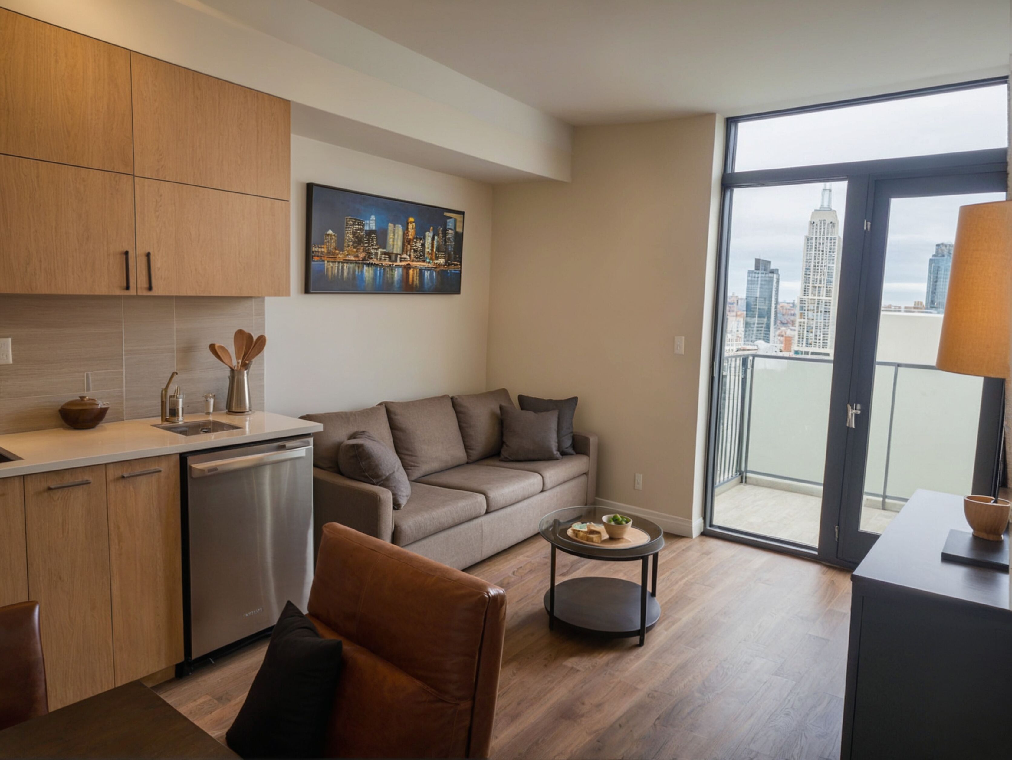 Un appartement moderne comprenant une cuisine, un canapé et un coin repas.