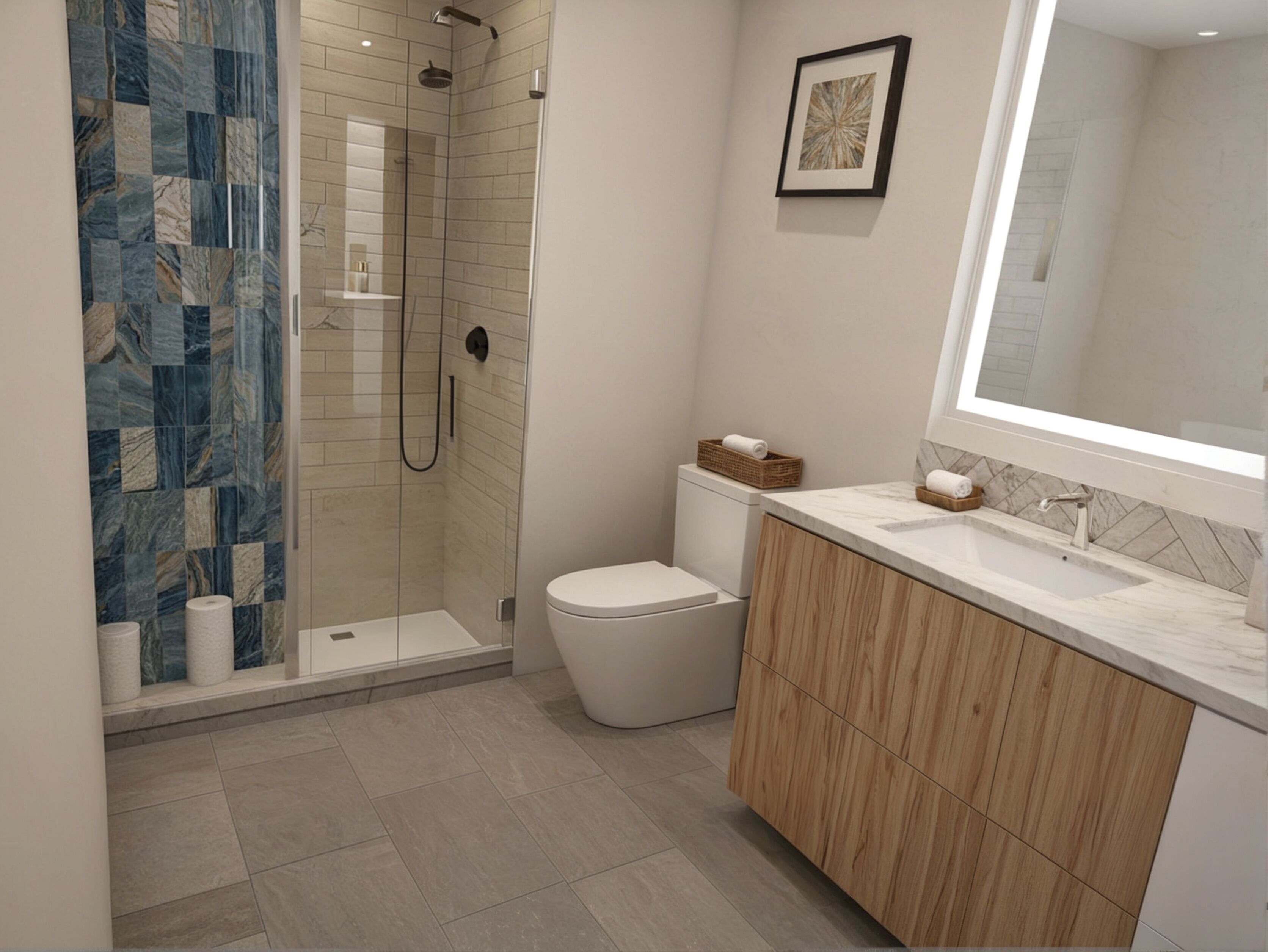 A modern bathroom with a glass-enclosed shower, a toilet, and a vanity with a large mirror.