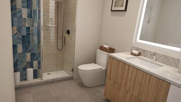 A modern bathroom with a glass-enclosed shower, a toilet, and a vanity with a large mirror.