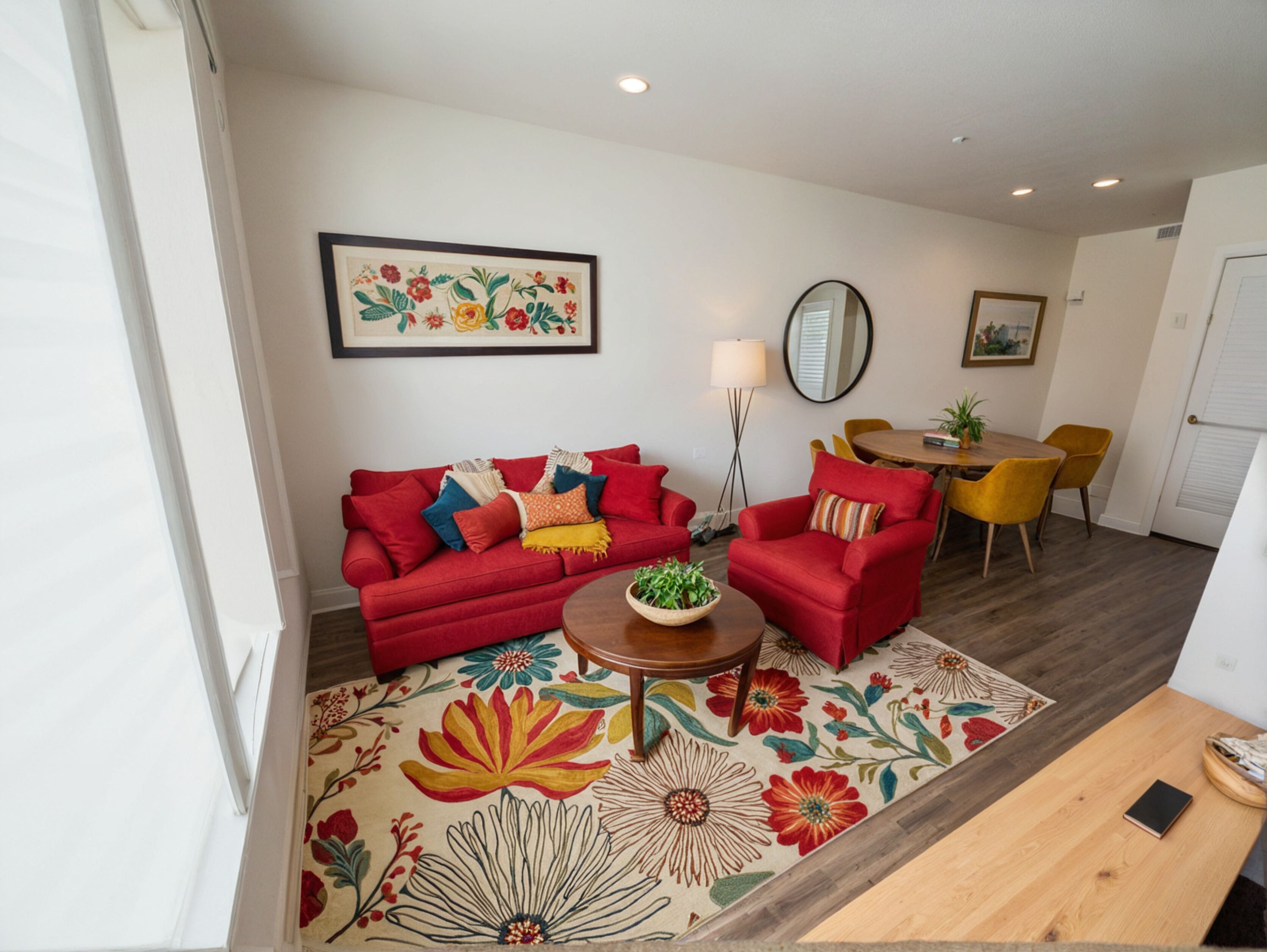 A living room with a red sofa, a coffee table, and a floral rug. There is a dining area with a table and chairs.