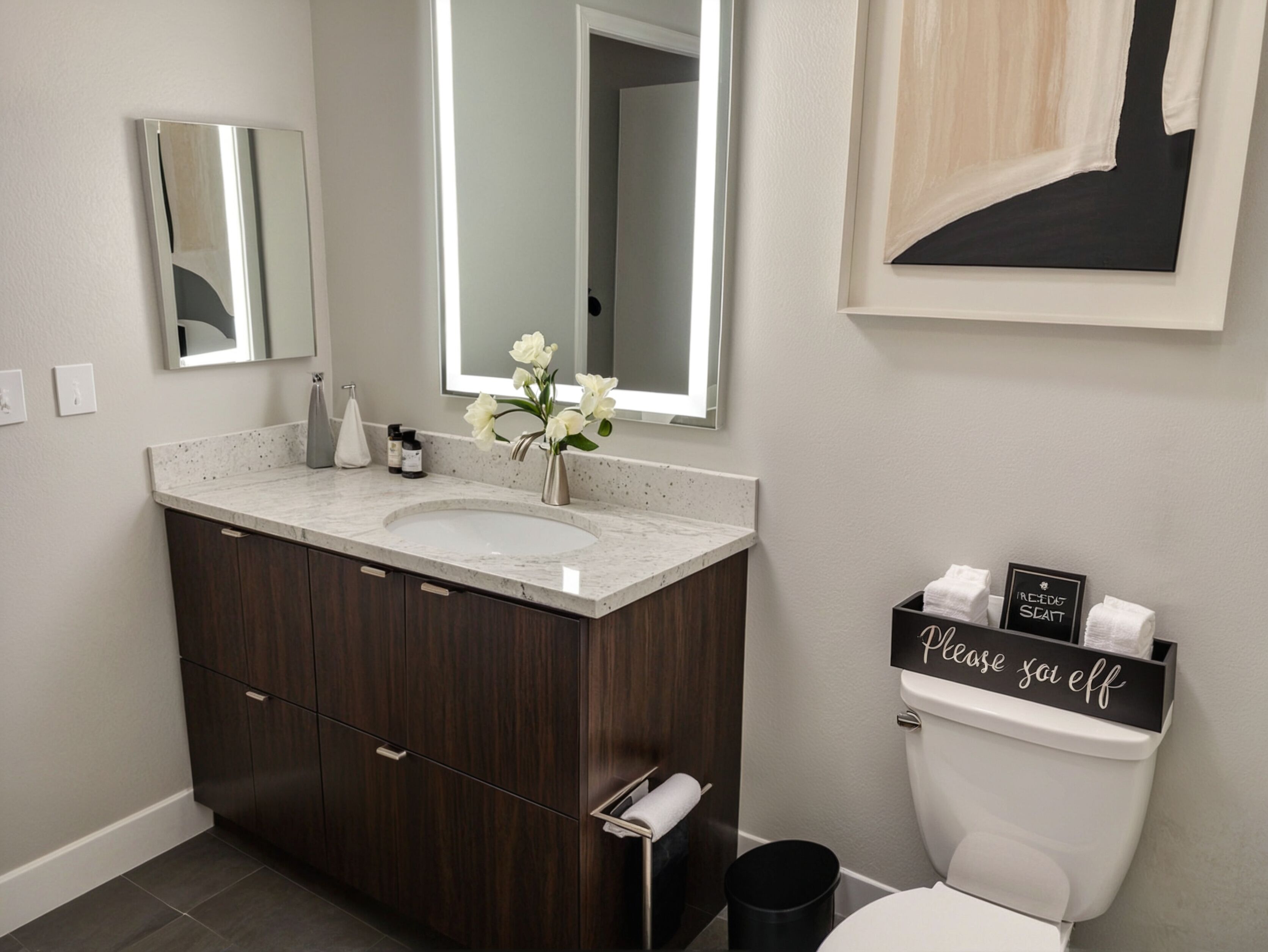 A modern bathroom with a marble sink, dark wooden cabinets, a large mirror, and a toilet with a sign above it.