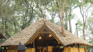 A rustic thatched-roof structure with a dining area and a grill.