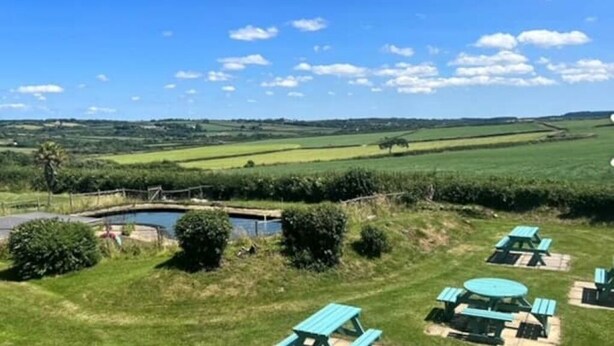 A rural landscape with picnic tables and a small pond. - Primrose at Moorhead Country Holidays near Clovelly North Devon (Bideford)