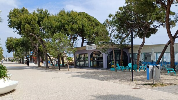 A paved walkway lined with trees and outdoor seating. - Apartment 1st row sea with beautiful terrace (Grottammare)
