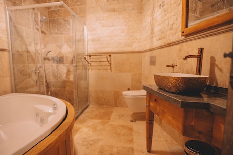 Suite | Bathroom | Hair dryer, slippers, towels, soap. Karis Cave Cappadocia