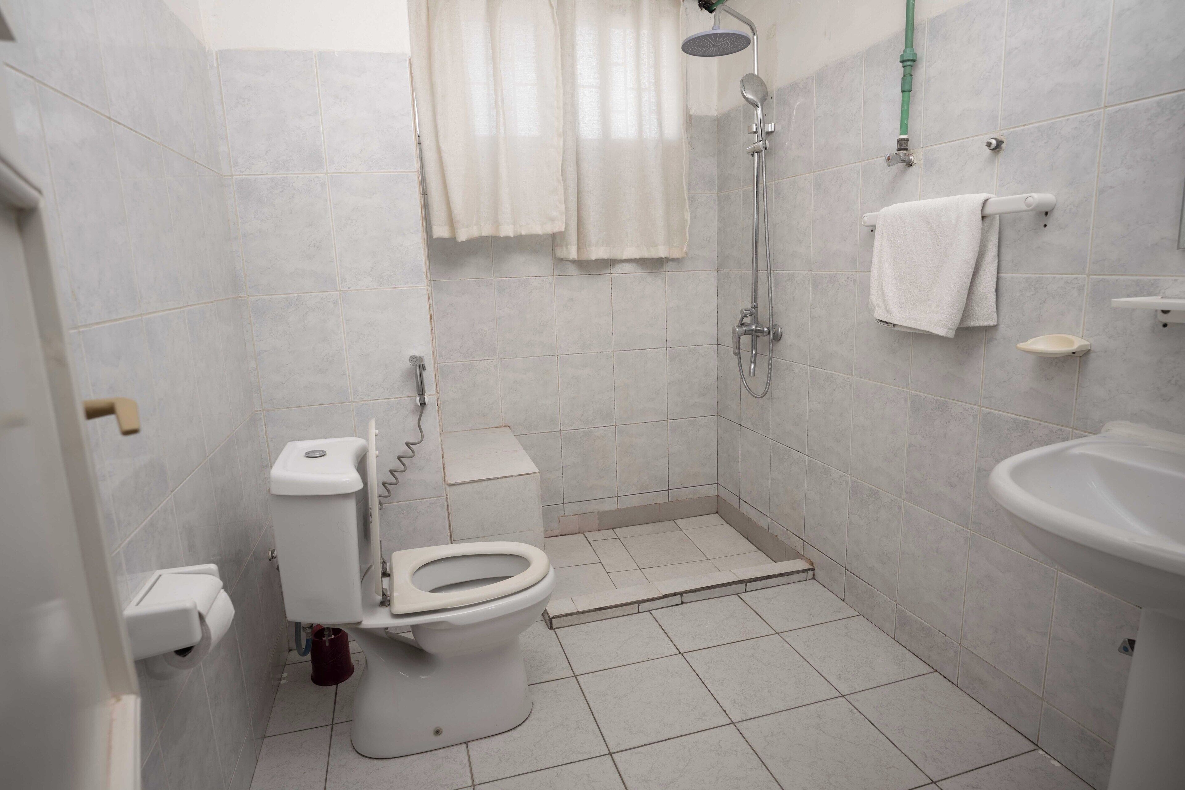 A small, clean bathroom with a toilet, bidet, shower, and sink.