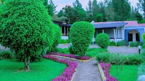 A garden pathway leading to a building with a red roof, surrounded by lush green trees and manicured flower beds. - Quality Inn Motel (Busasamana)