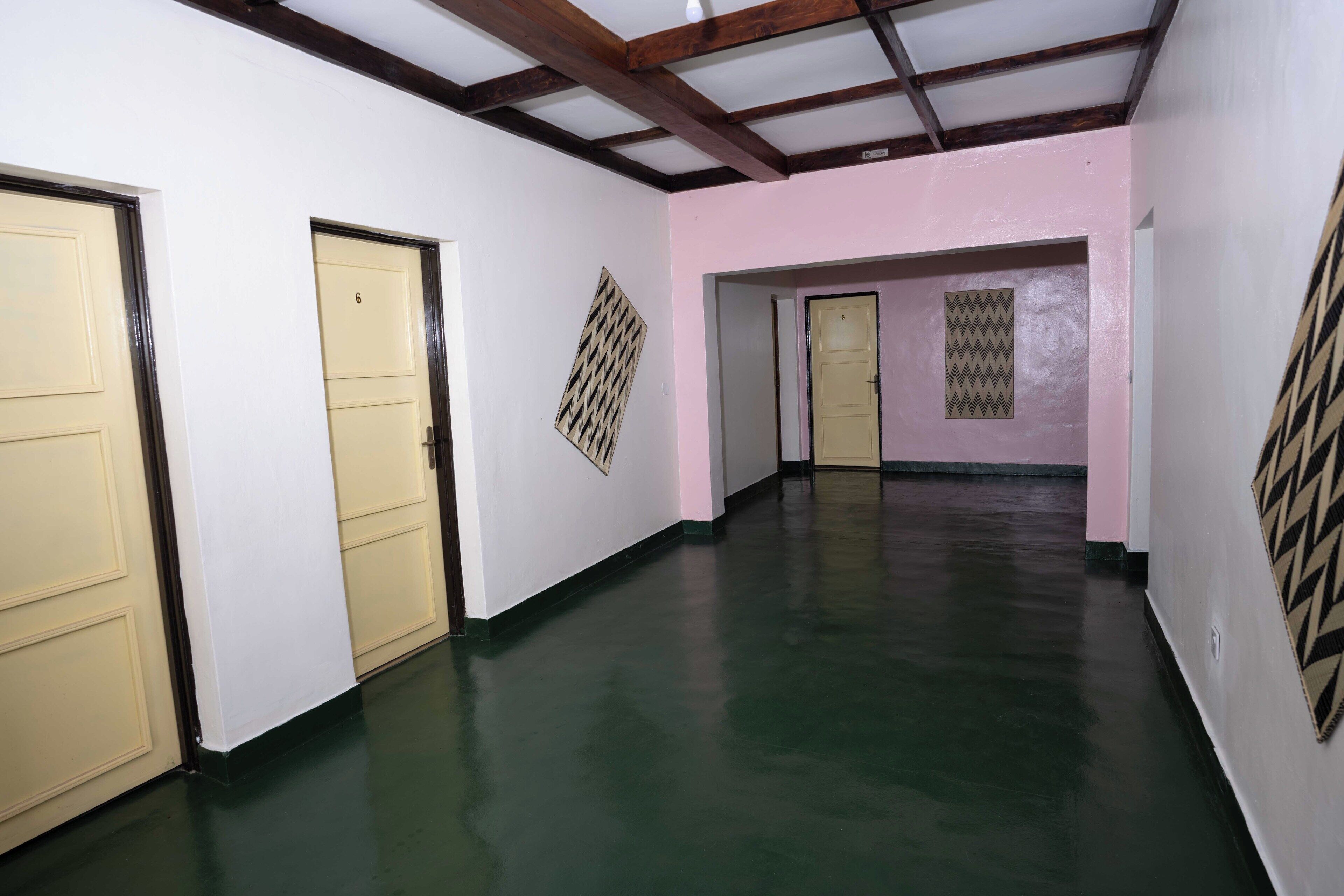 A hallway with cream-colored doors, a green floor, and a pink wall.