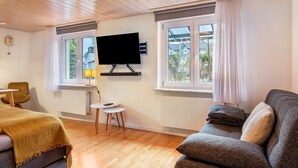 Huoneessa on sänky, harmaa sohva, seinälle kiinnitetty televisio, pieni pöytä ja kaksi ikkunaa, joissa on verhot.