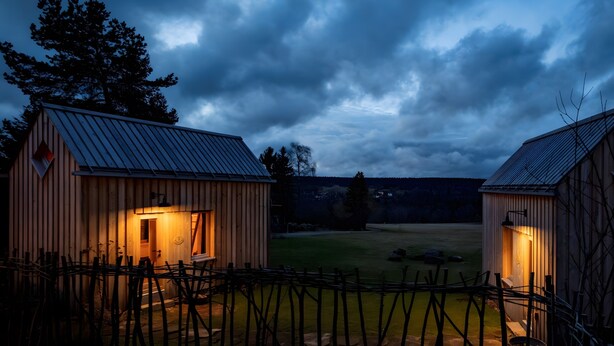 Two wooden sheds with metal roofs, a wooden fence, and a grassy field in the background. - Tiny House 'Tanne' in the Heart of the Northern Black Forest (Schömberg)