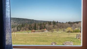 Un paysage rural avec une maison, des champs ouverts et une colline boisée.