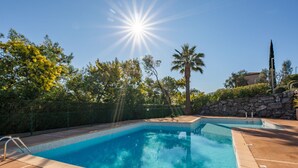 A rectangular swimming pool with clear blue water, surrounded by a stone wall, a metal fence, and various trees including palm trees. - Le Bougainvillier by Interhome (Sainte Maxime)