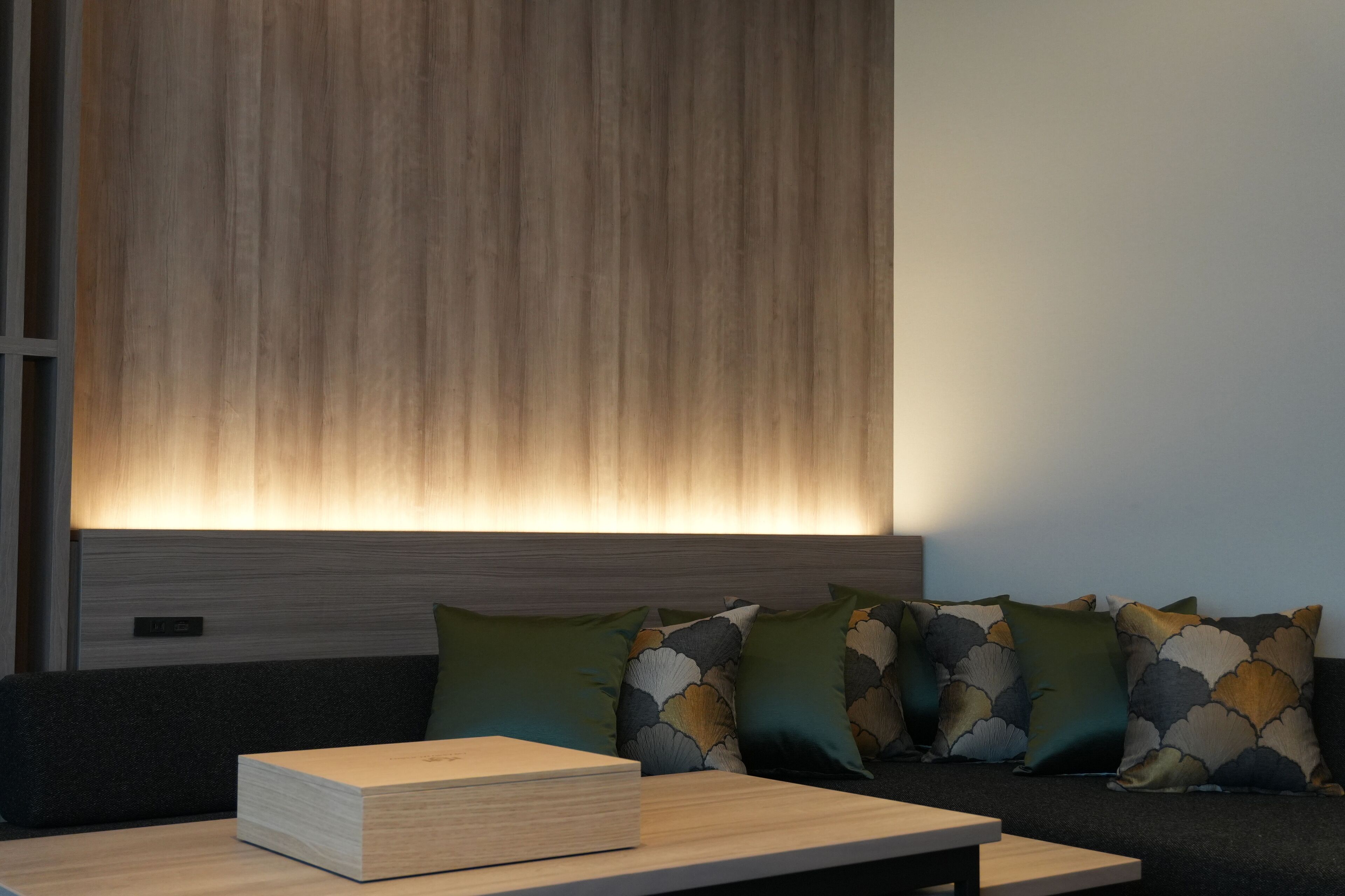 A modern living room with a sofa, pillows, and a wooden coffee table.