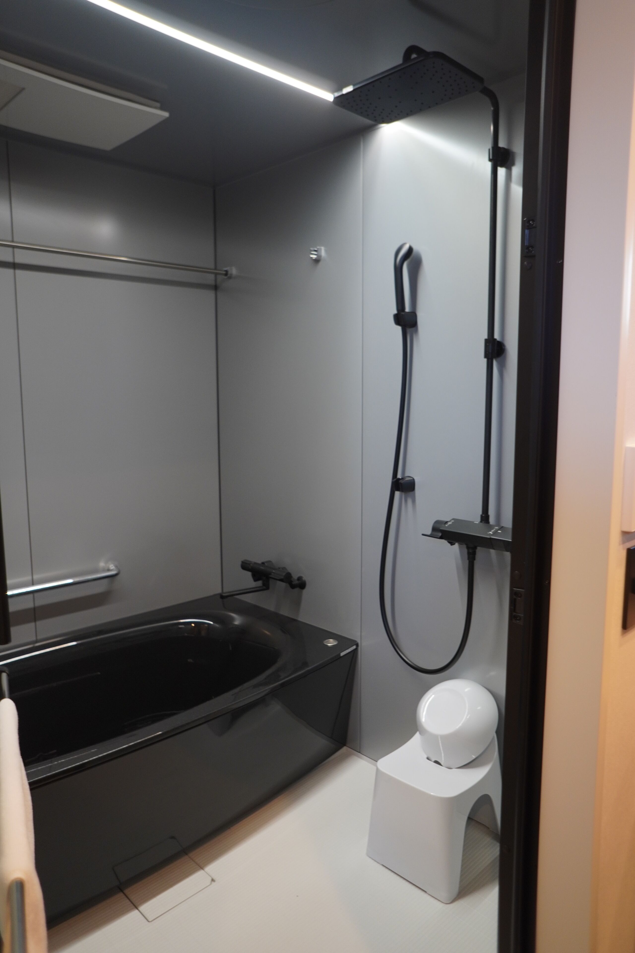A modern bathroom with a black bathtub, a shower, and a toilet.