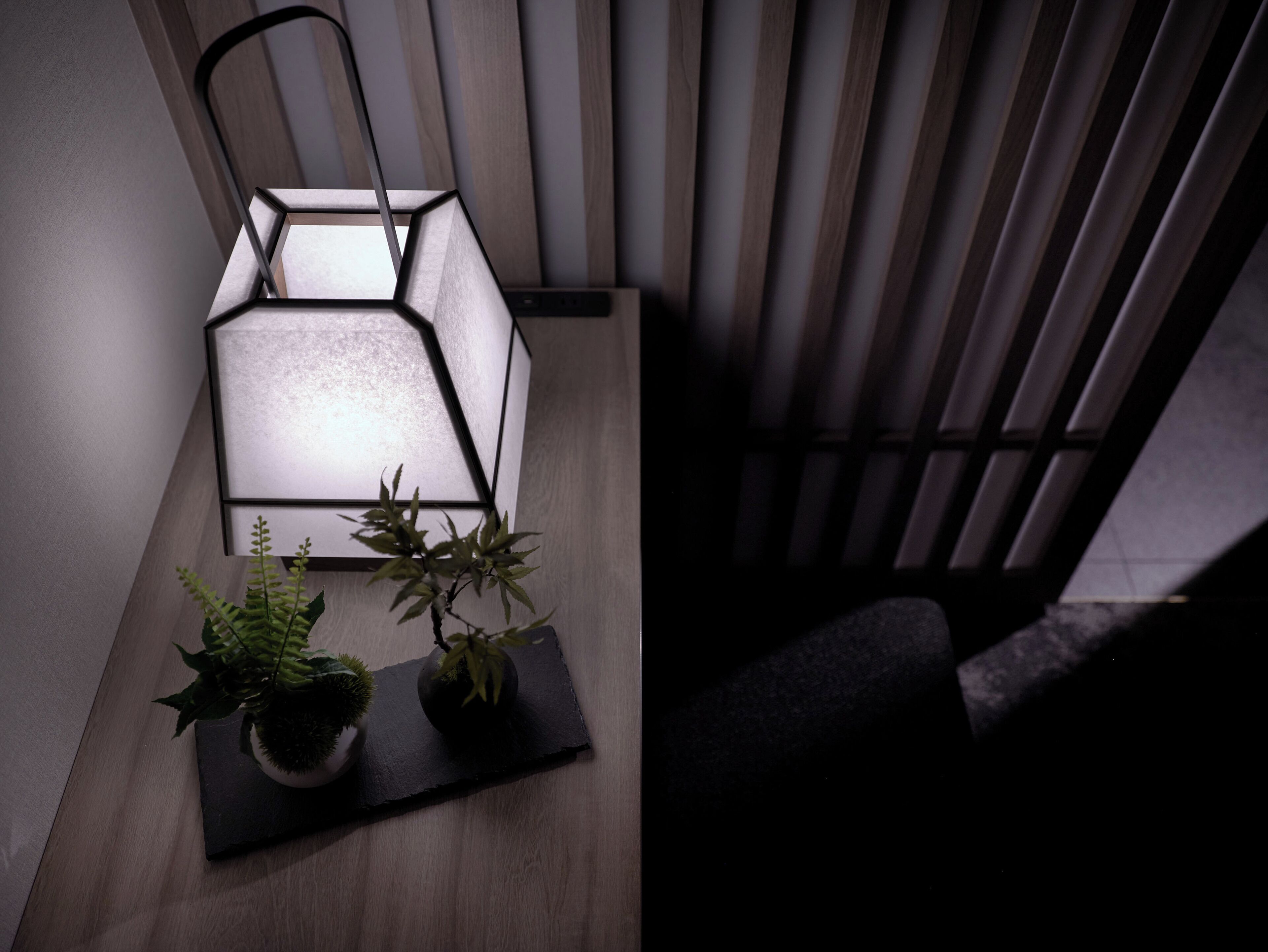 A modern room with a geometric-patterned wall, a black floor lamp, and two potted plants on a dark surface.