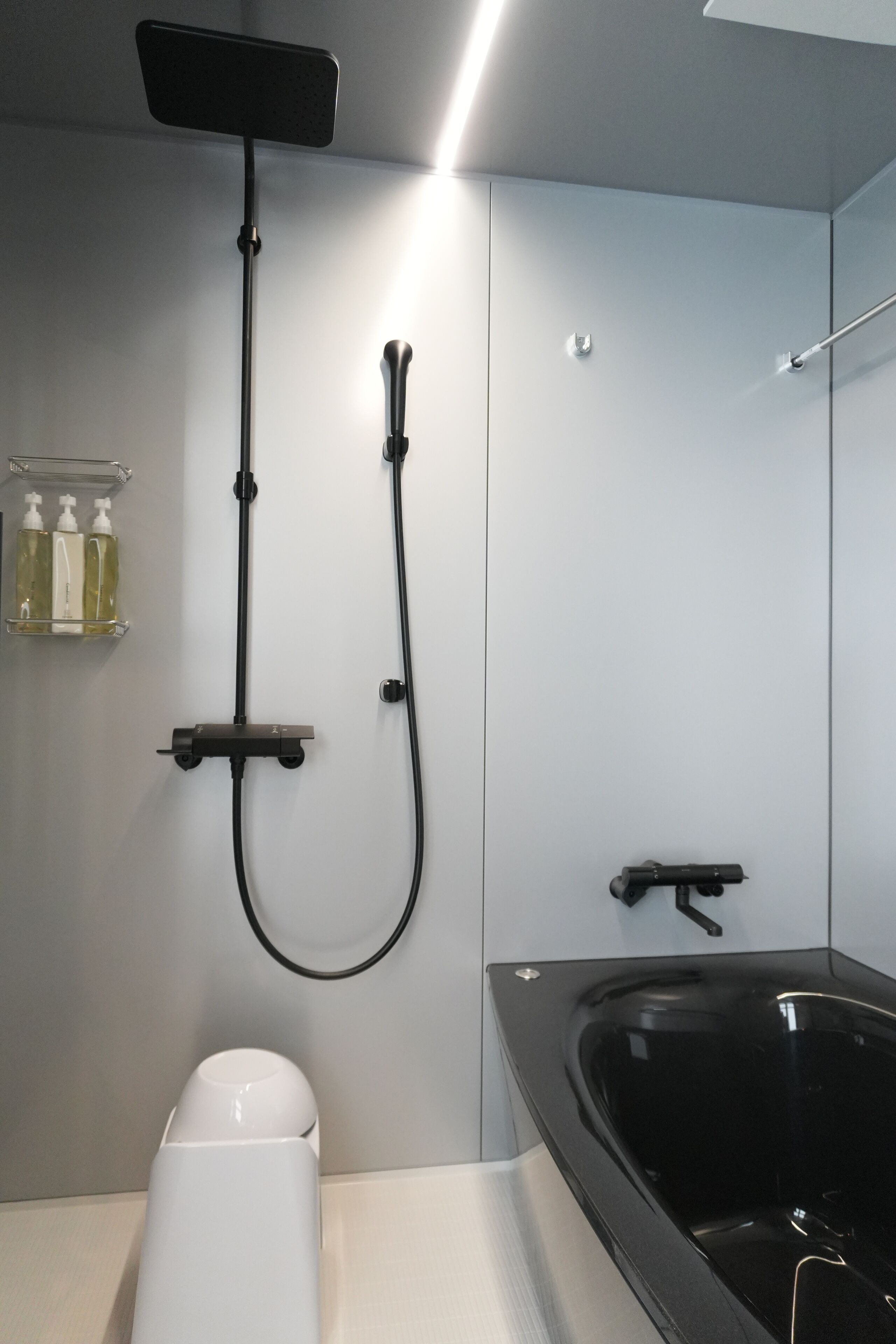 Een moderne badkamer met een zwart bad, een wit toilet en een douche met handdouche.