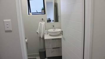 Shower, towels, soap, toilet paper