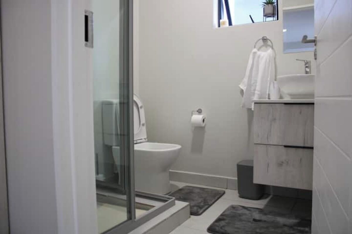 Shower, towels, soap, toilet paper