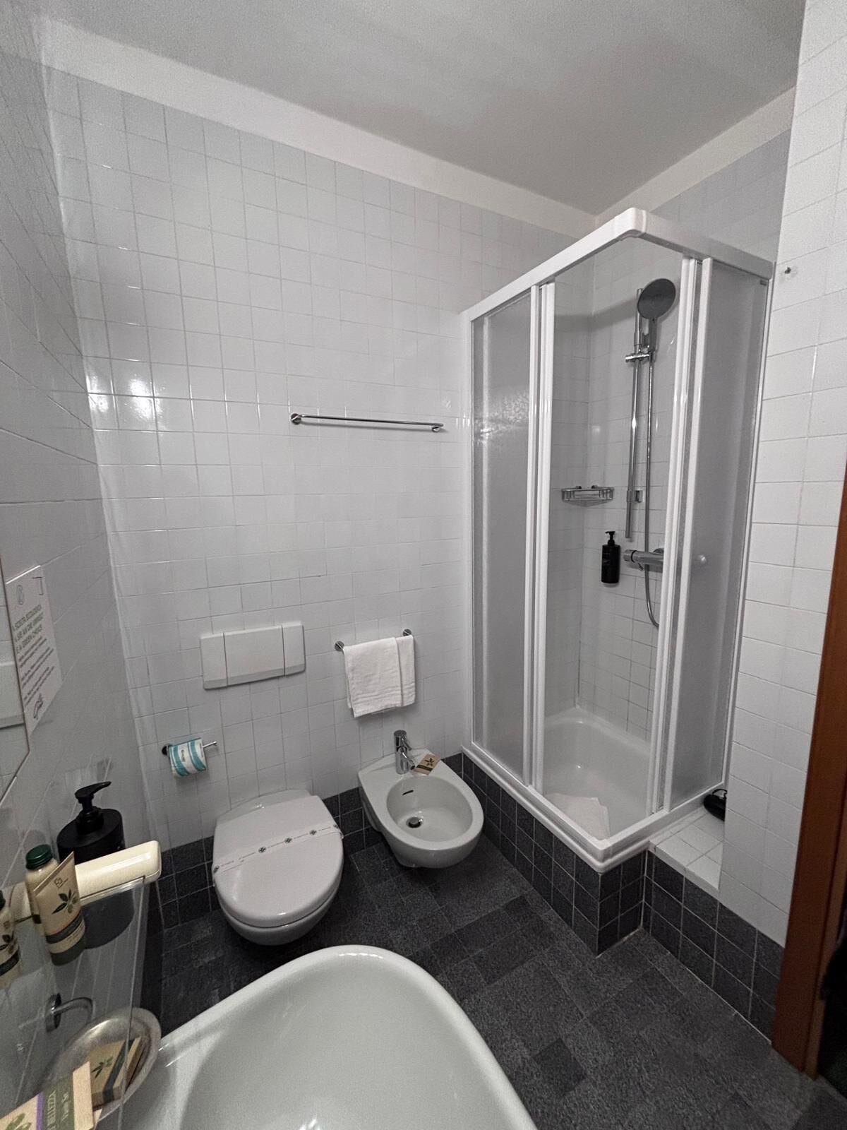 A modern bathroom with a shower, toilet, bidet, and bathtub.
