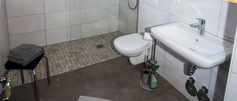 Shower, towels, toilet paper