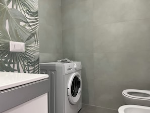 Shower, hair dryer, bidet, towels