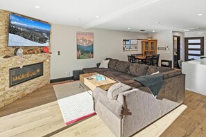 TV, fireplace, foosball