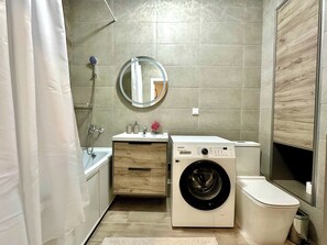 Hair dryer, towels, soap, toilet paper - "Tango" charming 1-bedroom apartment with WiFi, AC close to Arbat (Almaty)