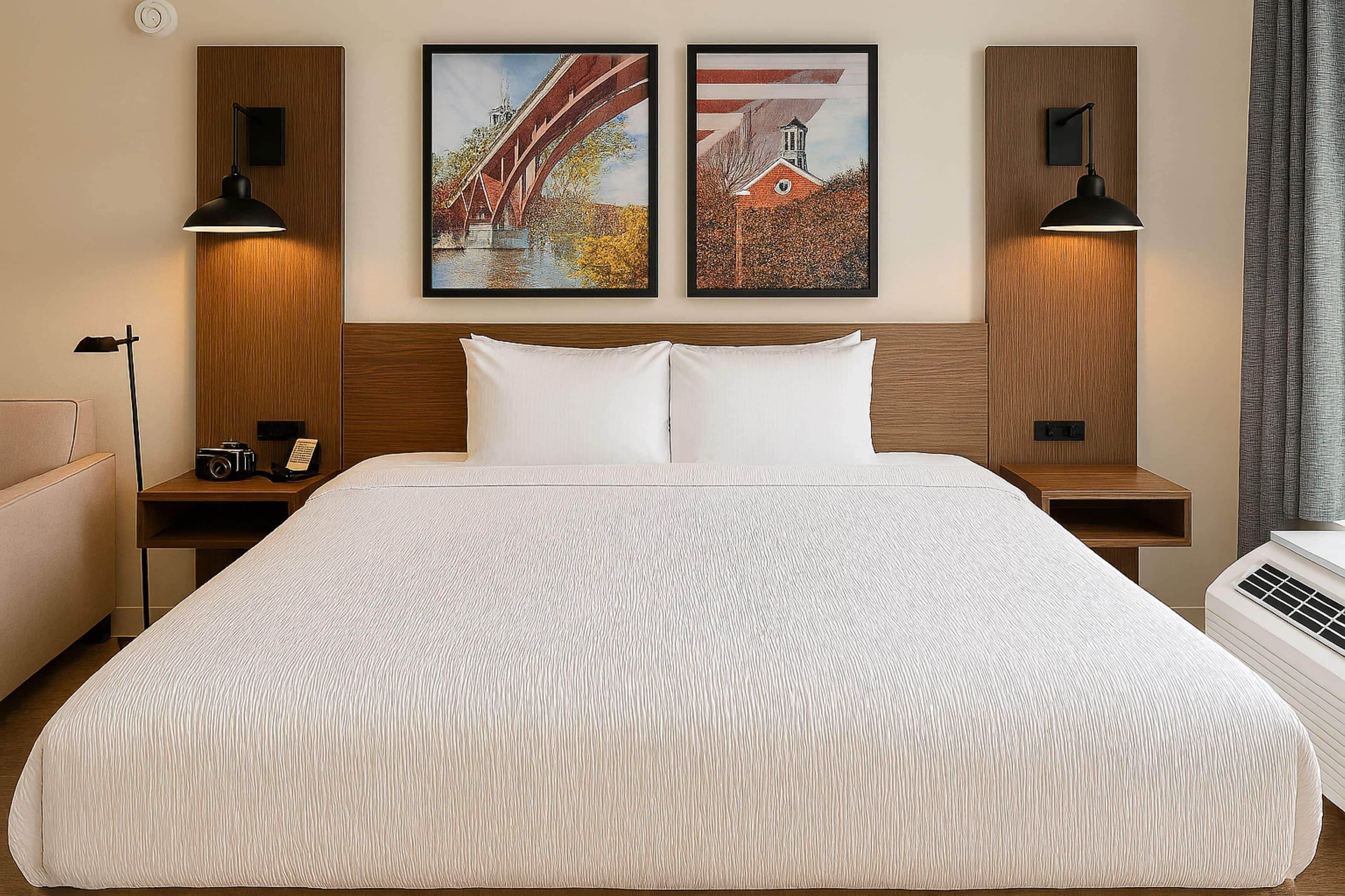 A hotel room with a large bed, two wall-mounted lamps, a wooden headboard, and two framed pictures.