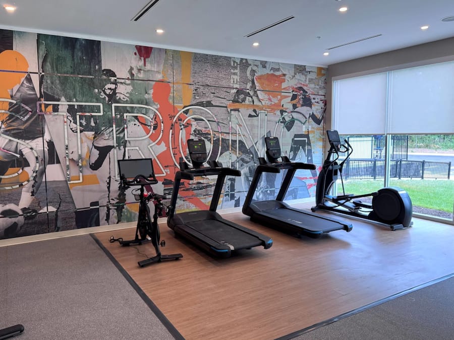 Una palestra con tapis roulant, cyclette e un grande murale sulla parete.