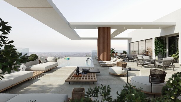 A rooftop terrace with a pool, outdoor seating, and a view of the city. - Quao Realty - The Essence (Accra)