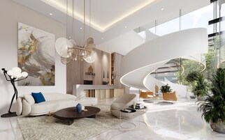 A modern living room with a curved glass wall, a white sofa, a coffee table, and a large abstract painting.