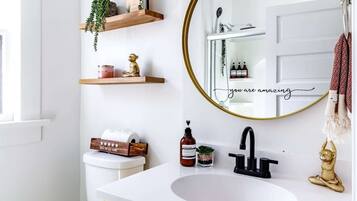 Eco-friendly toiletries, hair dryer, towels, soap